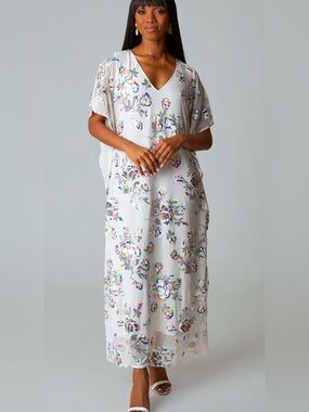 Buddy Love White Maxi Dress with Multicolor Sequin Floral Embroidery